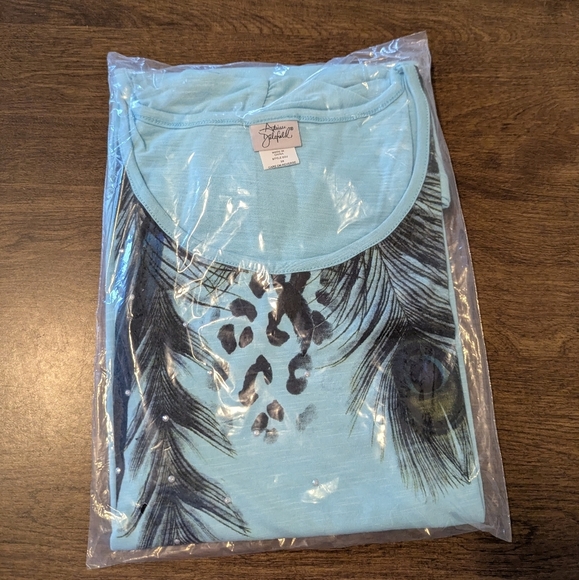 Adrian Delafield Blue Feather Print Women's Top Size 2X NWOT - Picture 9 of 10